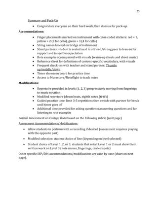 25
Summary and Pack-Up
• Congratulate everyone on their hard work, then dismiss for pack-up.
Accommodations:
• Finger placements marked on instrument with color-coded stickers: red = 1,
yellow = 2 (3 for cello), green = 3 (4 for cello)
• String names labeled on bridge of instrument
• Stand partners: student is seated next to a friend/strong peer to lean on for
support and to see the expectation
• Rote examples accompanied with visuals (warm-up sheets and sheet music)
• Reference sheet for definitions of content-specific vocabulary, with visuals
• Frequent check-ins with teacher and stand partner; Thumbs
up/middle/down
• Timer shown on board for practice time
• Access to Musescore/Noteflight to track notes
Modifications:
• Repertoire provided in levels (1, 2, 3) progressively moving from fingerings
to music notation
• Modified repertoire (down beats, eighth notes (ti-ti's)
• Guided practice time: limit 3-5 repetitions then switch with partner for break
until timer goes off
• Additional time provided for asking questions/answering questions and for
listening to rote examples
Formal Assessment on Cantiga Roda based on the following rubric (next page)
Assessment Accommodations/Modifications:
• Allow students to perform with a recording if desired (assessment requires playing
with the opposite part)
• Modified selection: student choice of line (depending on level selected)
• Student choice of Level 1, 2, or 3; students that select Level 1 or 2 must show their
written work on Level 3 (note names, fingerings, circled spots)
Other specific IEP/504 accommodations/modifications are case-by-case (chart on next
page).
 