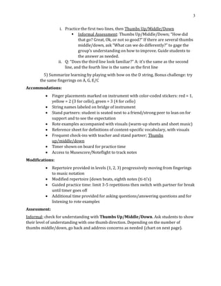 3
i. Practice the first two lines, then Thumbs Up/Middle/Down
▪ Informal Assessment: Thumbs Up/Middle/Down; “How did
that go? Great, Ok, or not so good?” If there are several thumbs
middle/down, ask “What can we do differently?” to gage the
group’s understanding on how to improve. Guide students to
the answer as needed.
ii. Q: “Does the third line look familiar?” A: it’s the same as the second
line, and the fourth line is the same as the first line
5) Summarize learning by playing with bow on the D string. Bonus challenge: try
the same fingerings on A, G, E/C
Accommodations:
• Finger placements marked on instrument with color-coded stickers: red = 1,
yellow = 2 (3 for cello), green = 3 (4 for cello)
• String names labeled on bridge of instrument
• Stand partners: student is seated next to a friend/strong peer to lean on for
support and to see the expectation
• Rote examples accompanied with visuals (warm-up sheets and sheet music)
• Reference sheet for definitions of content-specific vocabulary, with visuals
• Frequent check-ins with teacher and stand partner; Thumbs
up/middle/down
• Timer shown on board for practice time
• Access to Musescore/Noteflight to track notes
Modifications:
• Repertoire provided in levels (1, 2, 3) progressively moving from fingerings
to music notation
• Modified repertoire (down beats, eighth notes (ti-ti's)
• Guided practice time: limit 3-5 repetitions then switch with partner for break
until timer goes off
• Additional time provided for asking questions/answering questions and for
listening to rote examples
Assessment:
Informal; check for understanding with Thumbs Up/Middle/Down. Ask students to show
their level of understanding with one thumb direction. Depending on the number of
thumbs middle/down, go back and address concerns as needed (chart on next page).
 