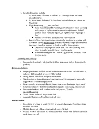 9
4. Level 3: the entire melody
i. Q: “What looks the same as before?” A: Time signature, bar lines,
staccato marks
ii. Q: “What looks different?” A: Two lines instead of one, no colors, no
fingerings
iii. I Spy: How many ______ can you find?
▪ Have students count how many pairs of quarter notes (apples)
and groups of eighth notes (watermelons) they can find (17
quarter notes = around 8 pairs, 28 eighth notes = 7 groups of
four)
▪ Remind students to fill in answers on worksheet
iv. Practice Time: Set timer for two minutes for students to practice with
a partner. Define trouble spots as notes/rhythms/finger patterns that
take more than five seconds to think of and/or demonstrate.
▪ Check List: Play together once, then take time counting each
other in to play solo. Circle any trouble spots.
▪ When the timer goes off, Thumbs Up/Middle/Down and share
trouble spots.
Summary and Pack-Up
• Summarize learning by playing the first line as a group before dismissing for
pack-up.
Accommodations:
• Finger placements marked on instrument with color-coded stickers: red = 1,
yellow = 2 (3 for cello), green = 3 (4 for cello)
• String names labeled on bridge of instrument
• Stand partners: student is seated next to a friend/strong peer to lean on for
support and to see the expectation
• Rote examples accompanied with visuals (warm-up sheets and sheet music)
• Reference sheet for definitions of content-specific vocabulary, with visuals
• Frequent check-ins with teacher and stand partner; Thumbs
up/middle/down
• Timer shown on board for practice time
• Access to Musescore/Noteflight to track notes
Modifications:
• Repertoire provided in levels (1, 2, 3) progressively moving from fingerings
to music notation
• Modified repertoire (down beats, eighth notes (ti-ti's)
• Guided practice time: limit 3-5 repetitions then switch with partner for break
until timer goes off
 