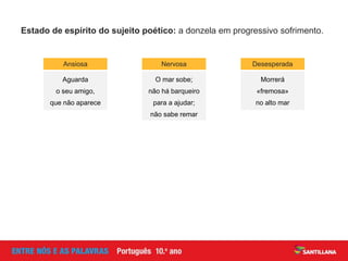 Estado de espírito do sujeito poético: a donzela em progressivo sofrimento.
Ansiosa
Aguarda
o seu amigo,
que não aparece
O mar sobe;
não há barqueiro
para a ajudar;
não sabe remar
Desesperada
Morrerá
«fremosa»
no alto mar
Nervosa
 
