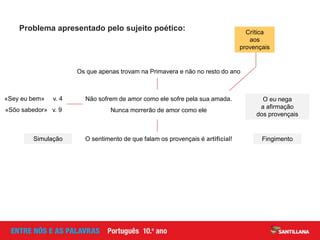 Não sofrem de amor como ele sofre pela sua amada.
Nunca morrerão de amor como ele
O sentimento de que falam os provençais é artificial!
Problema apresentado pelo sujeito poético:
Os que apenas trovam na Primavera e não no resto do ano
O eu nega
a afirmação
dos provençais
«Sey eu bem» v. 4
«Sõo sabedor» v. 9
Simulação Fingimento
Crítica
aos
provençais
 