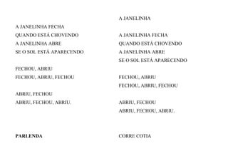 A JANELINHA FECHA
QUANDO ESTÁ CHOVENDO
A JANELINHA ABRE
SE O SOL ESTÁ APARECENDO
FECHOU, ABRIU
FECHOU, ABRIU, FECHOU
ABRIU, FECHOU
ABRIU, FECHOU, ABRIU.
A JANELINHA
A JANELINHA FECHA
QUANDO ESTÁ CHOVENDO
A JANELINHA ABRE
SE O SOL ESTÁ APARECENDO
FECHOU, ABRIU
FECHOU, ABRIU, FECHOU
ABRIU, FECHOU
ABRIU, FECHOU, ABRIU.
PARLENDA CORRE COTIA
 
