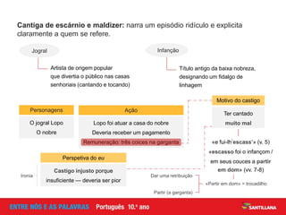 «e fui-lh’escass’» (v. 5)
«escasso foi o infançom /
em seus couces a partir
em dom» (vv. 7-8)
Título antigo da baixa nobreza,
designando um fidalgo de
linhagem
Artista de origem popular
que divertia o público nas casas
senhoriais (cantando e tocando)
Cantiga de escárnio e maldizer: narra um episódio ridículo e explicita
claramente a quem se refere.
Infanção
Personagens
O jogral Lopo
O nobre
Ação
Lopo foi atuar a casa do nobre
Deveria receber um pagamento
Remuneração: três coices na garganta
Jogral
Ter cantado
muito mal
Motivo do castigo
Perspetiva do eu
Castigo injusto porque
insuficiente — deveria ser pior
Ironia
«Partir em dom» = trocadilho
Dar uma retribuição
Partir (a garganta)
 