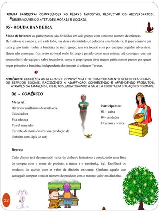ROUBA BANDEIRA: COMPREENDER AS REGRAS IMPOSTAS, RESPEITAR OS ADIVERSARIOS,
DESENVOLVENDO ATITUDES MORAIS E SOCIAIS.
COMÉRCIO: CONHECER AS REGRAS DE CONVIVÊNCIA E DE COMPORTAMENTO SEGUNDO AS QUAIS
OS ESPAÇOS SOCIAIS, RACIOCINIO A ADAPTAÇÃO, CONHECENDO E APRENDENDO PRODUTOS,
ATRAVES DA IMAGENS E OBJETOS, MONITORANDO A FALA E A ESCUTA EM SITUAÇÕES FORMAIS.
05 - ROUBA BANDEIRA
Modo de brincar: os participantes são divididos em dois grupos com o mesmo numero de crianças.
Delimita-se o campo e, em cada lado, nas duas extremidades, é colocada uma bandeira. O jogo consiste em
cada grupo tentar roubar a bandeira do outro grupo, sem ser tocado com por qualquer jogador adversário.
Quem não consegue, fica preso no local onde foi pego e parado como uma estatua, até conseguir que um
companheiro de equipe o salve tocando-o. vence o grupo quem tiver menos participantes presos por quem
pegar primeiro a bandeira, independente do numero de crianças “presas.
Material:
Diversos vasilhames descartáveis.
Calculadora
Fita adesiva
Pincel marcador
Carimbo de notas em real ou (produção de
dinheiro com lápis de cor)
Regras:
Cada cliente terá determinado valor de dinheiro fantasioso e produzindo uma lista
de compra com o nome do produto, a marca e o peso(ml,g, kg). Escolherá os
produtos de acordo com o valor de dinheiro existente. Ganhará aquele que
conseguir comprar o maior número de produtos com o mesmo valor em dinheiro.
06 - COMÉRCIO
Participantes:
01 – caixa
04- vendedor
Diversos clientes
22
 