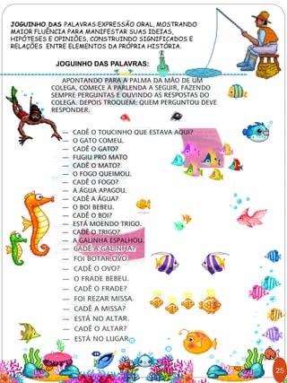JOGUINHO DAS PALAVRAS:EXPRESSÃO ORAL, MOSTRANDO
MAIOR FLUÊNCIA PARA MANIFESTAR SUAS IDEIAS,
HIPÓTESES E OPINIÕES, CONSTRUINDO SIGNIFICADOS E
RELAÇÕES ENTRE ELEMENTOS DA PRÓPRIA HISTÓRIA.
JOGUINHO DAS PALAVRAS:
25
 