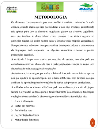 Os docentes constantemente precisam avaliar e ensinar, cuidando de cada
criança, estando atento às suas necessidades e aos seus avanços, contribuindo
não apenas para que os discentes progridam quanto aos avanços cognitivos,
mas que também se desenvolvam como pessoas, e se sintam seguros no
ambiente escolar. Só assim podem ousar e desafiar suas próprias capacidades.
Rompendo com universos, com perspectivas homogeneizadoras e com o status
da linguagem oral, enquanto se objetiva comunicar e tornar a prática
pedagógica acessível.
A oralidade é importante e deve ser um eixo de ensino, mas não pode ser
considerada como um obstáculo para a participação das crianças ou como foco
de ansiedade e de exposição a hostilidades.
Ao tratarmos das cantigas, parlendas e brincadeiras, não nos referimos apenas
aos que ajudam na aprendizagem do sistema alfabético, mas também aos que
auxiliam na aprendizagem de conteúdos de outros componentes curriculares.
A reflexão sobre o sistema alfabético pode ser realizada por meio de jogos,
leitura e atividades voltadas para o desenvolvimento da consciência fonológica
e relações com a escrita.Os cinco estágios da consciência fonológica são:
1. Rima e aliteração
2. Partes das palavras
3. Posição dos sons
4. Segmentação fonêmica
5. Manipulação fonêmica
METODOLOGIA
5
 