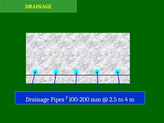 DRAINAGE
Drainage Pipes f 100-200 mm @ 2.5 to 4 m
 