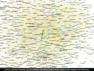 Carte 8: Variable retweets vers journalistes. Tendance forte à l’endo-citation mais inégalement distribuée
 