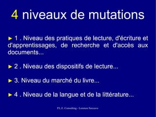 4 niveaux de mutations
►1  . Niveau des pratiques de lecture, d'écriture et
d'apprentissages, de recherche et d'accès aux
documents...

►2   . Niveau des dispositifs de lecture...

► 3.   Niveau du marché du livre...

►4   . Niveau de la langue et de la littérature...
                   P.L.E. Consulting - Lorenzo Soccavo
 