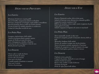 Déjeuner de Printemps                                                 Déjeuner d’Eté

Les Entrées                                                      Les Entrées

Houmous de betterave et pain grillé                              Pousses d’épinards, melon, chèvre frais, pesto
Duo de lentilles, maquereaux fumés et ciboulette                 Salade de haricots verts, abricots secs, amandes grillées
Poireaux vinaigrette à l’estragon, œufs mollets et mouillettes   Gaspacho et petits croutons à l’ail
Bocal de fromage frais et radis aux herbes fraîches              Rillettes de sardines, citron confit, cumin et pignons de pins
Terrine de foies de volaille, pistaches et cranberries           Soupe glacée de melon
Velouté de chou-fleur au lait de coco                            Salade croquante de légumes de saison en marinade


Les Petits Plats                                                 Les Petits Plats

Lasagnes végétariennes, belle salade                             Tarte ratatouille, menthe et olive noir
Assiette de poissons fumés, pomme vapeur,                        Gratin de courgettes, poudre d’amandes chorizo, belle sa-
mousse de brebis au zestes de citron                             lade
Tarte champignons, cheddar, ciboulette                           Moussaka, boulgour, belle salade
Couscous au curry de légumes et lait de coco                     Tartare de saumon exotique aux herbes fraîches
Risotto fenouil et petit pois                                    Tarte à la tomate, anchois, moutarde à l’ancienne
                                                                 Clafoutis de courgettes et coulis de tomate à la sauge
                                                                 Gratin d’aubergines, quinoa, tomate et mozza
Les Desserts
Cheese cake et coulis de fraises                                 Les Desserts
Salade de fruits de saison
Carrot cake à la noisette                                        Clafoutis cerises, pistaches
Eton mess à la fraise                                            Compoté de pomme, rhubarbe et zeste d’orange
Crumble pomme, framboise et amande                               Salade de fruits de saison
Tarte aux 2 citrons                                              Panna cotta vanille et coulis d’abricots
Pavlova de printemps                                             Tiramisu di fragola
                                                                 Pêche de vigne façon belle hélène
 