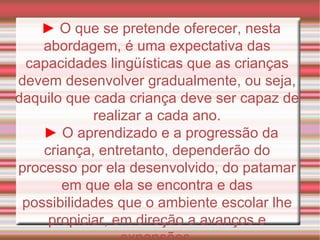 ►   O que se pretende oferecer, nesta abordagem, é uma expectativa das capacidades lingüísticas que as crianças devem desenvolver gradualmente, ou seja, daquilo que cada criança deve ser capaz de realizar a cada ano. ►   O aprendizado e a progressão da criança, entretanto, dependerão do processo por ela desenvolvido, do patamar em que ela se encontra e das possibilidades que o ambiente escolar lhe propiciar, em direção a avanços e expansões. 