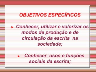 OBJETIVOS ESPECÍFICOS ►   Conhecer, utilizar e valorizar os modos de produção e de circulação da escrita  na sociedade;     ►   Conhecer  usos e funções sociais da escrita; 