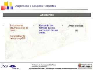 Prefeitura do Município de São Paulo
Secretaria de Habitação
Programa Mananciais – Recuperação Urbana e Saneamento Ambiental
Diagnóstico x Soluções Propostas
Geotecnica
Diagnóstico Estudo de Soluções
Dezembro / 2006
Projeto Básico
Março / 2007
• Encontradas
algumas áreas de
risco;
• Principalmente
dentro da APP.
• Remoção das
famílias que se
encontram nessas
áreas.
• Áreas de risco
 