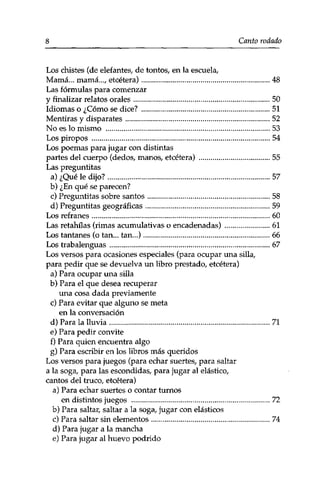 8 Canto rodado 
Los chistes (de elefantes, de tontos, en la escuela, 
Mamá... mamá..., etcétera) 48 
Las fórmulas para comenzar 
y finalizar relatos orales 50 
Idiomas o ¿Cómo se dice? 51 
Mentiras y disparates 52 
No es lo mismo 53 
Los piropos 54 
Los poemas para jugar con distintas 
partes del cuerpo (dedos, manos, etcétera) 55 
Las preguntitas 
a) ¿Qué le dijo? 57 
b) ¿En qué se parecen? 
c) Preguntitas sobre santos 58 
d) Preguntitas geográficas 59 
Los refranes 60 
Las retahilas (rimas acumulativas o encadenadas) 61 
Los tantanes (o tan... tan...) 66 
Los trabalenguas 67 
Los versos para ocasiones especiales (para ocupar una silla, 
para pedir que se devuelva un libro prestado, etcétera) 
a) Para ocupar una silla 
b) Para el que desea recuperar 
una cosa dada previamente 
c) Para evitar que alguno se meta 
en la conversación 
d) Para la lluvia 71 
e) Para pedir convite 
f) Para quien encuentra algo 
g) Para escribir en los libros más queridos 
Los versos para juegos (para echar suertes, para saltar 
a la soga, para las escondidas, para jugar al elástico, 
cantos del truco, etcétera) 
a) Para echar suertes o contar turnos 
en distintos juegos 72 
b) Para saltar, saltar a la soga, jugar con elásticos 
c) Para saltar sin elementos 74 
d) Para jugar a la mancha 
e) Para jugar al huevo podrido 
 