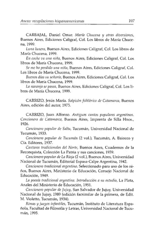 Anexo: recopilaciones hispanoamericanas 107 
CARBAJAL, Daniel Omar. Maria Chucena y otras diversiones, 
Buenos Aires, Ediciones Calígrafo Col. Los libros de María Chuce­na, 
1999. 
Luna lunera, Buenos Aires, Ediciones Caligraf, Col. Los libros de 
María Chucena, 1999. 
En coche va una niña, Buenos Aires, Ediciones Caligraf, Col. Los 
libros de María Chucena, 1999. 
Se me ha perdido una niña, Buenos Aires, Ediciones Caligraf, Col. 
Los libros de María Chucena, 1999. 
Buenos días su señoría, Buenos Aires, Ediciones Caligraf, Col. Los 
libros de María Chucena, 1999. 
La naranja se pasea, Buenos Aires, Ediciones Caligraf, Col. Los li­bros 
de María Chucena, 1999. 
CARRIZO, Jesús María. Salpicón folklórico de Catamarca, Buenos 
Aires, edición del autor, 1975. 
CARRIZO, Juan Alfonso. Antiguos cantos populares argentinos. 
Cancionero de Catamarca, Buenos Aires, Imprenta de Silla Hnos., 
1926. 
Cancionero popular de Salta, Tucumán, Universidad Nacional de 
Tucumán, 1933. 
Cancionero popular de Tucumán (2 vol.), Tucumán, A. Baiocco y 
Cía. Editores, 1937. 
Cantares tradicionales del Norte, Buenos Aires, Cuadernos de la 
Reconquista, Colección La Patria y sus canciones, 1939. 
Cancionero popular de La Rioja (2 vol.), Buenos Aires, Universidad 
Nacional de Tucumán, Editorial Espasa-Calpe Argentina, 1942. 
Cancionero tradicional argentino. Seleccionado para uso de los ni­ños, 
Buenos Aires, Ministerio de Educación, Consejo Nacional de 
Educación, 1949. 
La poesía tradicional argentina. Introducción a su estudio, La Plata, 
Anales del Ministerio de Educación, 1951. 
Cancionero popular de Jujuy, San Salvador de Jujuy, Universidad 
Nacional de Jujuy, 1989 (edición facsimilar de la primera, de Edit. 
M. Violette», Tucumán, 1934). 
Rimas y juegos infantiles, Tucumán, Instituto de Literatura Espa­ñola, 
Facultad de Filosofía y Letras, Universidad Nacional de Tucu­mán, 
1995. 
 