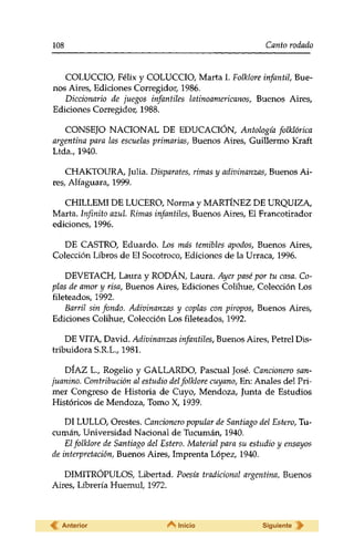 108 Canto rodado 
COLUCCIO, Félix y COLUCCIO, Marta I. Folklore infantil, Bue­nos 
Aires, Ediciones Corregidor, 1986. 
Diccionario de juegos infantiles latinoamericanos, Buenos Aires, 
Ediciones Corregidor, 1988. 
CONSEJO NACIONAL DE EDUCACIÓN, Antología folklórica 
argentina para las escuelas primarias, Buenos Aires, Guillermo Kraft 
Ltda., 1940. 
CHAKTOURA, Julia. Disparates, rimas y adivinanzas, Buenos Ai­res, 
Alfaguara, 1999. 
CHILLEMI DE LUCERO, Norma y MARTÍNEZ DE URQUIZA, 
Marta. Infinito azul. Rimas infantiles, Buenos Aires, El Francotirador 
ediciones, 1996. 
DE CASTRO, Eduardo. Los más temibles apodos, Buenos Aires, 
Colección Libros de El Socotroco, Ediciones de la Urraca, 1996. 
DEVETACH, Laura y RODÁN, Laura. Ayer pasé por tu casa. Co­plas 
de amor y risa, Buenos Aires, Ediciones Colihue, Colección Los 
fileteados, 1992. 
Barril sin fondo. Adivinanzas y coplas con piropos, Buenos Aires, 
Ediciones Colihue, Colección Los fileteados, 1992. 
DE VITA, David. Adivinanzas infantiles, Buenos Aires, Petrel Dis­tribuidora 
S.R.L., 1981. 
DIAZ L., Rogelio y GALLARDO, Pascual José. Cancionero san-juanino. 
Contribución al estudio del folklore cuy ano, En: Anales del Pri­mer 
Congreso de Historia de Cuyo, Mendoza, Junta de Estudios 
Históricos de Mendoza, Tomo X, 1939. 
DI LULLO, Orestes, Cancionero popular de Santiago del Estero, Tu-cumán, 
Universidad Nacional de Tucumán, 1940. 
El folklore de Santiago del Estero. Material para su estudio y ensayos 
de interpretación, Buenos Aires, Imprenta López, 1940. 
DIMITRÓPULOS, Libertad. Poesía tradicional argentina, Buenos 
Aires, Librería Huemul, 1972. 
Anterior Inicio Siguiente 
 