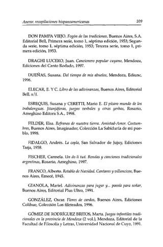 Anexo: recopilaciones hispanoamericanas 109 
DON PAMPA VIEJO. Fogón de las tradiciones, Buenos Aires, S.A. 
Editorial Bell, Primera serie, tomo 1, séptima edición, 1953; Segun­da 
serie, tomo 1, séptima edición, 1953; Tercera serie, tomo 1, pri­mera 
edición, 1953. 
DRAGHI LUCERO, Juan. Cancionero popular cuyano, Mendoza, 
Ediciones del Canto Rodado, 1997. 
DUEÑAS, Susana. Del tiempo de mis abuelos, Mendoza, Ediunc, 
1996. 
ELECAR, E. Y C. Libro de las adivinanzas, Buenos Aires, Editorial 
Bell, s/f. 
ESREQUIS, Susana y CERETTI, Mario E. El picaro mundo de los 
trabalenguas. Jitanjáforas, juegos verbales y otras yerbas, Rosario, 
Ameghino Editora S.A., 1998. 
FELDER, Eisa. Refranes de nuestra tierra. Amistad-Amor. Costum­bres, 
Buenos Aires, Imaginador, Colección La Sabiduría de mi pue­blo, 
1998. 
FIDALGO, Andrés. La copla, San Salvador de Jujuy, Ediciones 
Tarja, 1958. 
FISCHER, Carmela. Un do li tuá. Rondas y canciones tradicionales 
argentinas, Rosario, Ameghino, 1997. 
FRANCO, Alberto. Retablo de Navidad. Cantares y villancicos, Bue­nos 
Aires, Emecé, 1945. 
GIANOLA, Mariel. Adivinanzas para jugar y... poesía para soñar, 
Buenos Aires, Editorial Plus Ultra, 1991. 
GONZÁLEZ, Osear. Flores de cardos, Buenos Aires, Ediciones 
Colihue, Colección Los fileteados, 1996. 
GÓMEZ DE RODRÍGUEZ BRITOS, Marta. Juegos infantiles tradi­cionales 
en la provincia de Mendoza (2 vol.), Mendoza, Editorial de la 
Facultad de Filosofía y Letras, Universidad Nacional de Cuyo, 1991. 
 