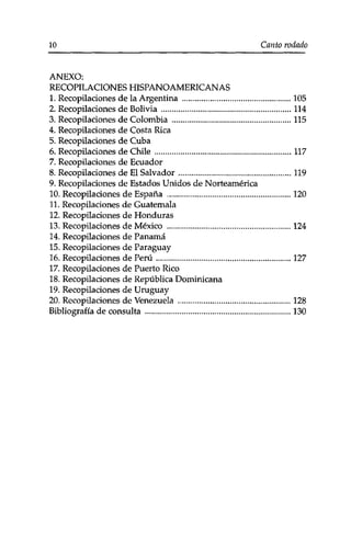 10 Canto rodado 
ANEXO: 
RECOPILACIONES HISPANOAMERICANAS 
1. Recopilaciones de la Argentina 105 
2. Recopilaciones de Bolivia 114 
3. Recopilaciones de Colombia 115 
4. Recopilaciones de Costa Rica 
5. Recopilaciones de Cuba 
6. Recopilaciones de Chile 117 
7. Recopilaciones de Ecuador 
8. Recopilaciones de El Salvador 119 
9. Recopilaciones de Estados Unidos de Norteamérica 
10. Recopilaciones de España 120 
11. Recopilaciones de Guatemala 
12. Recopilaciones de Honduras 
13. Recopilaciones de México 124 
14. Recopilaciones de Panamá 
15. Recopilaciones de Paraguay 
16. Recopilaciones de Perú 127 
17. Recopilaciones de Puerto Rico 
18. Recopilaciones de República Dominicana 
19. Recopilaciones de Uruguay 
20. Recopilaciones de Venezuela 128 
Bibliografía de consulta 130 
 