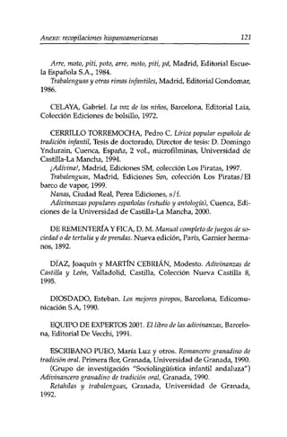 Anexo: recopilaciones hispanoamericanas 121 
Arre, moto, piti, poto, arre, moto, piti, pá, Madrid, Editorial Escue­la 
Española S.A., 1984. 
Trabalenguas y otras rimas infantiles, Madrid, Editorial Gondomar, 
1986. 
CELAYA, Gabriel. La voz de los niños, Barcelona, Editorial Laia, 
Colección Ediciones de bolsillo, 1972. 
CERRILLO TORREMOCHA, Pedro C. Lírica popular española de 
tradición infantil, Tesis de doctorado, Director de tesis: D. Domingo 
Yndurain, Cuenca, España, 2 vol., microfilminas, Universidad de 
Castilla-La Mancha, 1994. 
¡Adivina!, Madrid, Ediciones SM, colección Los Piratas, 1997. 
Trabalenguas, Madrid, Ediciones Sm, colección Los Piratas/El 
barco de vapor, 1999. 
Nanas, Ciudad Real, Perea Ediciones, s/f. 
Adivinanzas populares españolas (estudio y antología), Cuenca, Edi­ciones 
de la Universidad de Castilla-La Mancha, 2000. 
DE REMENTERÍA Y FICA, D. M. Manual completo de juegos de so­ciedad 
o de tertulia y de prendas. Nueva edición, París, Garnier herma­nos, 
1892. 
DÍAZ, Joaquín y MARTÍN CEBRIÁÑ, Modesto. Adivinanzas de 
Castilla y León, Valladolid, Castilla, Colección Nueva Castilla 8, 
1995. 
DIOSDADO, Esteban. Los mejores piropos, Barcelona, Edicomu-nicación 
S.A, 1990. 
EQUIPO DE EXPERTOS 2001. El libro de las adivinanzas, Barcelo­na, 
Editorial De Vecchi, 1991. 
ESCRIBANO PUEO, María Luz y otros. Romancero granadino de 
tradición oral. Primera flor, Granada, Universidad de Granada, 1990. 
(Grupo de investigación "Sociolingüística infantil andaluza") 
Adivinancero granadino de tradición oral, Granada, 1990. 
Retahilas y trabalenguas, Granada, Universidad de Granada, 
1992. 
 