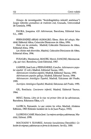 122 Canto rodado 
(Grupo de investigación "Sociolingüística infantil andaluza'7) 
Juegos infantiles granadinos de tradición oral, Granada, Universidad 
de Granada, 1994. 
FAURA, Joaquina. 620 Adivinanzas, Barcelona, Editorial Irina 
S.L., 1989. 
FERNÁNDEZ-ARIAS ALMAGRO, Elena. Ríete del colegio, Ma­drid, 
Editorial Altea, Colección Dimicocos de Altea, 1996. 
Ríete con los animales, Madrid, Colección Dimicocos de Altea, 
Editorial Altea, 1996. 
Los chistes más divertidos, Madrid, Colección Dimicocos de Altea, 
Editorial Altea, 1996. 
FUSALBA, Montserrat, MAURE, Mercè, SANCHO, Montserrat. 
¡Ay, qué risa!, Barcelona, Grao Editorial, 1987. 
GÁRFER, José Luis y FERNÁNDEZ, Concha. Adivinancero popu­lar 
español (2 vol.), Madrid, Editorial Taurus, 1983. 
Adivinancero temático español, Madrid, Editorial Taurus, 1993. 
Adivinancero popular gallego, Madrid, Editorial Taurus, 1984. 
Adivinancero Antológico Español, Madrid, Ediciones del Prado, 
1995. 
Acertijero Antológico Español, Madrid, Ediciones del Prado, 1995. 
GIL, Bonifacio. Cancionero infantil, Madrid, Editorial Taurus, 
1964. 
HOLT, Emma. Libro de la risa: mi primer libro de las adivinanzas, 
Barcelona, Ediciones Elfos, s/f. 
LLORCA, Fernando. Lo que cantan los niños, Madrid, Altalena 
Editores, 1983 (Edición facsímil de la de Juan Pueyo, 1915). 
LLORENS CAMP, María José. Los mejores acertijos y adivinanzas, Ma­drid, 
Edimat, 1998. 
MACHADO Y ÁLVAREZ, Antonio (seudónimo Demófilo). Co­lección 
de enigmas y adivinanzas en forma de diccionario, Sevilla, 1880. 
 