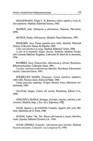 Anexo: recopilaciones hispanoamericanas 123 
MALDONADO, Felipe C. R. Refranero clásico español y otros di­chos 
populares, Madrid, Editorial Taurus, 1960. 
MATEOS, José. Soliloquios y adivinanzas, Valencia, Pre-textos, 
1998. 
MUÑOZ, Pedro. Adivinanzas, Madrid, Perea Ediciones, 1987. 
PELEGRÍN, Ana. Poesía española para niños, Madrid, Editorial 
Taurus, Colección Temas de España, 1969. 
Cada cual atienda a su juego, Madrid, Editorial Cincel, 1984. 
ha flor de la maravilla. Juegos, Recreos. Retahilas, Madrid, Funda­ción 
Germás Sánchez Ruipérez, Colección El árbol de la memoria, 
1996. 
RAMÍREZ, Tony. Chascarrillos, Adivinanzas y refranes, Barcelona, 
Edicomunicación, Colección Ideas, 1991. 
Cuentos, canciones y adivinanzas infantiles, Barcelona, Edicomuni­cación, 
Colección Ideas, 1991. 
RODRÍGUEZ MARÍN, Francisco. Cantos populares españoles, 
1882-1883, Buenos Aires, Editorial Bajel, 1948. 
Coplas populares españolas. Piropos, Buenos Aires, Ediciones An­drómeda, 
1989. 
SALINAS, Sergio. Chistes del mundo, Barcelona, Editors S.A., 
1990. 
SÁNCHEZ y RUEDA, Enrique. Acertijos, enigmas, adivinas y adi­vinanzas, 
Madrid, Imp. y Ene. de }. Espinosa, 1922. 
SANZ, Ignacio y de SANTOS, Claudia. Agapito, pito, pito, Ma­drid, 
Ediciones de la Torre, 1988. 
SCHON, Isabel. Tito, Tito. Rimas, adivinanzas y juegos infantiles, 
León, España, Editorial Everest S.A., 1994. 
SOLER FIÉRREZ, Eduardo. Adivinanzas para adivinar, Madrid, 
Susaeta ediciones, Colección Las Campanas 81,1994. 
 