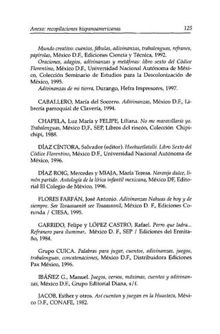 Anexo: recopilaciones hispanoamericanas 125 
Mundo creativo: cuentos, fábulas, adivinanzas, trabalenguas, refranes, 
papirolas, México D.F., Ediciones Ciencia y Técnica, 1992. 
Oraciones, adagios, adivinanzas y metáforas: libro sexto del Códice 
Florentino, México D.E, Universidad Nacional Autónoma de Méxi­co, 
Colección Seminario de Estudios para la Descolonización de 
México, 1995. 
Adivinanzas de mi tierra, Durango, Hefra Impresores, 1997. 
CABALLERO, María del Socorro. Adivinanzas, México D.F., Li­brería 
parroquial de Clavería, 1994. 
CHAPELA, Luz María y FELIPE, Liliana. No me maravillaría yo. 
Trabalenguas, México D,E, SEP, Libros del rincón, Colección Chipi­chipi, 
1988. 
DÍAZ CÍNTORA, Salvador (editor). Huehuetlatolli. Libro Sexto del 
Códice Florentino, México D.F., Universidad Nacional Autónoma de 
México, 1996. 
DÍAZ ROIG, Mercedes y MIAJA, María Teresa. Naranja dulce, li­món 
partido. Antología de la lírica infantil mexicana, México DF, Edito­rial 
El Colegio de México, 1996. 
FLORES FARFÁN, José Antonio. Adivinanzas Nahuas de hoy y de 
siempre. See Tosaasaaniñ see Tosaasaanil, México D. F., Ediciones Co~ 
runda / CIESA, 1995. 
GARRIDO, Felipe y LÓPEZ CASTRO, Rafael. Perro que ladra... 
Refranero para iluminar, México D. R, SEP / Ediciones del Ermita­ño, 
1984. 
Grupo CUICA. Palabras para jugar, cuentos, adivinanzas, juegos, 
trabalenguas, concatenaciones, México D.F., Distribuidora Ediciones 
Pax México, 1996. 
IBÁÑEZ Gv Manuel. Juegos, versos, máximas, cuentos y adivinan­zas, 
México D.F., Grupo Editorial Diana, s/f. 
JACOB, Esther y otros. Así cuentan y juegan en la Huasteca, Méxi­co 
D.F., CONAFE, 1982. 
 
