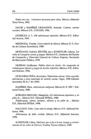 126 Canto rodado 
Había otra vez... Literatura mexicana para niños, México, Editorial 
Terra Nova, 1982. 
JACOB y RAMÍREZ GRANADOS, Antonio. Cuántos cuentos 
cuentan, México D.E, CONAFE, 1984. 
JÁUREGUI, A. L. 400 adivinanzas infantiles, México D.FV Edito­rial 
Avante, 1963. 
MENDOZA, Vicente. Lírica infantil de México, México D. E, Fon­do 
de Cultura Económica, 1980. 
MOEDANO, Gabriel, REUTER, Jas y SCHEFFLER, Liliana. Los 
niños de Campeche cantan y juegan, México D.F., Gobierno del Estado 
de Campeche y Dirección General de Cultura Popular, Secretaría 
de Educación Pública, 1978. 
MURRAY, Guillermo. Pablito clavó un clavito. Un compendio de 
trabalenguas clásicos y juegos de dicción infantiles, México, D.E, Edito­rial 
Selector, 1994. 
OCEGUEDA PEÑA, Severiano. Toponimias aztecas. Libro segundo: 
adivinanzas y otros materiales de carácter escolar, Tepic, 1998 (edición 
facsimilar de la Io de 1965). 
RAMÍREZ, Elisa. Adivinanzas indígenas, México D. E, SEP / Edi­torial 
Patria, 1989. 
ROBLEDA MOGUEL, Margarita. 623 adivinanzas populares y un 
pilón de..., México D.E, Editorial SITES A, 1988. 
Trabalenguas, colmos, tantanes, refranes y un pilón de..,, México 
D.E, Editorial SITESA, 1988. 
SALGADO, Toño. Lana sube la navaja, México D.E, Editorial Se­lector, 
1996. 
Adivinanzas de doble sentido, México D.E, Editorial Selector, 
1998. 
SCHEFFLER, Lilian. Marinero que se fue a la mar (juegos y entreni-mientos 
de los niños de México), Puebla, Premia Editora, 1985. 
 