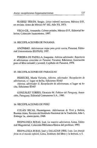 Anexo: recopilaciones hispanoamericanas 227 
SUÁREZ TERÁN, Sergio. Lírica infantil mexicana, México D.E, 
en revista: Artes de México N° 162, Año XX, 1973. 
VEGA-GIL, Armando. Colmos pelados, México D.F., Editorial Se­lector, 
Colección humorismo, 1997. 
14. RECOPILACIONES DE PANAMÁ 
ANÓNIMO. Adivinanzas viejas para gente nueva, Panamá, Edito­rial 
Universitaria (EUPAN), 1997. 
PEREIRA DE PADILLA, Joaquina. Adivina adivinador. Repertorio 
de adivinanzas conocidas en Panamá, Panamá, Ediciones Asociación 
para el libro infantil y juvenil, Capítulo de Panamá, 1978. 
15. RECOPILACIONES DE PARAGUAY 
HEISECKE, María Victoria. Adivina, adivinador. Recopilación de 
adivinanzas, s / lugar ni fecha, Ediciones IDAP. 
Adivina, adivinador 11. Recopilación de adivinanzas, s/lugar ni fe­cha, 
Ediciones IDAP. 
GONZÁLEZ TORRES, Dionisio M. Folklore del Paraguay, Asun­ción, 
Paraguay, Editorial Comuneros S.A., 1980. 
16. RECOPILACIONES DE PERÚ 
COLÁN SECAS, Hermógenes. Adivinanzas de Perú y Bolivia, 
Buenos Aires, Revista del Instituto Nacional de la Tradición, Año 1, 
Entrega la., enero-junio, 1948. 
RESPALDIZA ROJAS, José. La maestra adivinanza, Lima, Edito­rial 
Magisterial, Colección Biblioteca Básica del profesor, 1993. 
RESPALDIZA ROJAS, José y SALAZAR ORSI, Luis. Las jitanjá-foras 
en el mundo infantil, Lima, Instituto del libro y la lectura, s/f. 
 