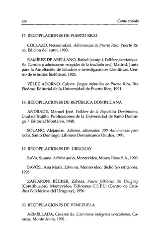 128 Canto rodado 
17. RECOPILACIONES DE PUERTO RICO 
COLLAZO, Nelsonrafael. Adivinanzas de Puerto Rico, Puerto Ri­co, 
Edición del autor, 1993. 
RAMÍREZ DE ARELLANO, Rafael (comp.). Folklore puertorique-ño. 
Cuentos y adivinanzas recogidos de la tradición oral, Madrid, Junta 
para la Ampliación de Estudios e Investigaciones Científicas, Cen­tro 
de estudios históricos, 1926. 
VÉLEZ ADORNO, Calixta. Juegos infantiles de Puerto Rico, Río 
Piedras, Editorial de la Universidad de Puerto Rico, 1991. 
18. RECOPILACIONES DE REPÚBLICA DOMINICANA 
ANDRADE, Manuel José. Folklore de la República Dominicana, 
Ciudad Trujillo, Publicaciones de la Universidad de Santo Domin­go 
/ Editorial Montalvo, 1948. 
SOLANO, Alejandro. Adivina, adivinador. 300 Adivinanzas para 
todos, Santo Domingo, Libreros Dominicanos Unidos, 1991. 
19. RECOPILACIONES DE URUGUAY 
BAVA, Susana. Adivina qué es, Montevideo, Mosca Hnos. S.A., 1990. 
BAVOSI, Ana María. Libruras, Montevideo, Bicho feo ediciones, 
1998. 
ZAFFARONI BÉCKER, Zahara. Poesía folklórica del Uruguay 
(Contribución), Montevideo, Ediciones C.E.EU. (Centro de Estu­dios 
Folklóricos del Uruguay), 1956. 
20. RECOPILACIONES DE VENEZUELA 
ARMELLADA, Cesáreo de. Literaturas indígenas venezolanas, Ca-racas, 
Monte Avila, 1991. 
 