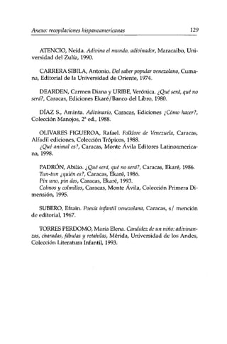 Anexo: recopilaciones hispanoamericanas 129 
ATENCIO, Neida. Adivina el mundo, adivinador, Maracaibo, Uni­versidad 
del Zulía, 1990. 
CARRERA SIBILA, Antonio. Del saber popular venezolano, Cuma-na, 
Editorial de la Universidad de Oriente, 1974. 
DEARDEN, Carmen Diana y URIBE, Verónica. ¿Qué será, qué no 
será?, Caracas, Ediciones Ekaré/Banco del Libro, 1980. 
DÍAZ S., Aminta. Adivinarlo, Caracas, Ediciones ¿Cómo hacer?, 
Colección Manojos, 2a éd., 1988. 
OLIVARES FIGUEROA, Rafael. Folklore de Venezuela, Caracas, 
Alfadil ediciones, Colección Trópicos, 1988. 
¿Qué animal es?, Caracas, Monte Ávila Editores Latinoamerica­na, 
1998. 
PADRÓN, Abilio. ¿Qué será, qué no será?, Caracas, Ekaré, 1986. 
Tun-tun ¿quién es?, Caracas, Ekaré, 1986. 
Pin uno, pin dos, Caracas, Ekaré, 1993. 
Colmos y colmillos, Caracas, Monte Ávila, Colección Primera Di­mensión, 
1995. 
SUBERO, Efrain. Poesía infantil venezolana, Caracas, s/ mención 
de editorial, 1967. 
TORRES PERDOMO, María Elena. Candidez de un niño: adivinan-zas, 
charadas, fábulas y retahilas, Mérida, Universidad de los Andes, 
Colección Literatura Infantil, 1993. 
 