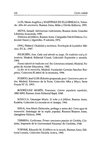 132 Canto rodado 
LUIS, María Angélica y MARTÍNEZ DE ELGORREAGA, Yolan­da. 
Alba del cancionero, Buenos Aires, Miño y Dávila Editores, 1991. 
MOYA, Ismael. Adivinanzas tradicionales, Buenos Aires, Grandes 
Librerías Anaconda, 1955. 
Didáctica del folklore, Buenos Aires, Compañía Fabril Editora, Co­lección 
Sauce y algarrobo, 3a edición, 1972. 
ONG, Walter J. Oralidad y escritura. Tecnologías de la palabra. Mé­xico, 
F.C.E., 1987. 
PELEGRÍN, Ana. Cada cual atiende su juego. De tradición oral y li­teratura, 
Madrid, Editorial Cincel, Colección Expresión y escuela. 
1984. 
Poesía infantil de tradición oral. En: Literatura infantil, Madrid, Pa­peles 
de Acción Educativa, 1982. 
La flor de la maravilla, Madrid, Fundación Germán Sánchez Rui-pérez, 
Colección El árbol de la memoria, 1996. 
PUERTO, José LUIS (Edición preparada por). Cancionero para ni­ños, 
Madrid, Ediciones de la Torre, Colección Alba y Mayo, Serie 
Poesía N° 21, 1993. 
RODRIGUEZ MARIN, Francisco. Cantos populares españoles, 
1882-1883, Buenos Aires Editorial Bajel, 1948. 
SCIACCA, Giuseppe María. El niño y el folklore, Buenos Aires, 
Eudeba, Colección La escuela en el tiempo, 1965. 
SHUA, Ana María (Selección, prólogo y notas de). Como agua de 
manantial. Antología de la copla popular, Rosario /Buenos Aires, 
Ameghino Editora, 1998. 
TERRERA, Guillermo. Primer cancionero popular de Córdoba, Cór­doba, 
Imprente de la Universidad Nacional de Córdoba, 1948. 
TORNER, Eduardo M. El folklore en la escuela, Buenos Aires, Edi­torial 
Losada, Colección Escuela Activa, 1965. 
 