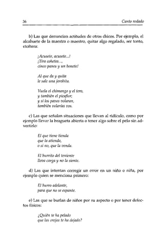 36 Canto rodado 
b) Las que denuncian actitudes de otros chicos. Por ejemplo, el 
alcahuete de la maestra o maestro, quitar algo regalado, ser tonto, 
etcétera: 
¡Acusete, acusete...! 
¡Tira cohetes..., 
cinco panes y un bonete! 
Al que da y quita 
le sale una jorobita. 
Vuela el chimango y el tero, 
y también el -picaflor; 
y si los pavos volaran, 
también volarías vos. 
c) Las que señalan situaciones que llevan al ridículo, como por 
ejemplo llevar la bragueta abierta o tener algo sobre el pelo sin ad­vertirlo: 
El que tiene tienda 
que la atienda, 
o si no, que la venda. 
El burrito del teniente 
lleva carga y no la siente. 
d) Las que intentan corregir un error en un niño o niña, por 
ejemplo quien se menciona primero: 
El burro adelante, 
para que no se espante. 
e) Las que se burlan de niños por su aspecto o por tener defec­tos 
físicos: 
¿Quién te ha pelado 
que las orejas te ha dejado? 
 