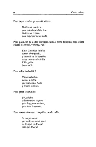 56 Canto rodado 
Para jugar con las palmas (tortitas): 
Tortitas de manteca, 
para mamá que da la teta. 
Tortitas de cebada, 
para papá que no da nada. 
Para palmear de a dos (también usada como fórmula para echar 
suerte o sorteos/ ver pág. 72): 
En la China los chinitos 
comen ajo y perejil, 
y después de las comidas 
todos comen chinchulín. 
Pilón, pilín, 
fuera botín. 
Para saltar (caballito): 
Vamos caballito, 
vamos a Belén, 
que mañana es fiesta 
y el otro también. 
Para girar los puños: 
Sol, solcito, 
calentáme un poquito, 
para hoy, para mañana, 
para toda la semana. 
Para acompañar con cosquillas en el cuello: 
Si vas por carne, 
que no te corten de aquí, 
ni de aquí, ni de aquí, 
más que de aquí. 
 