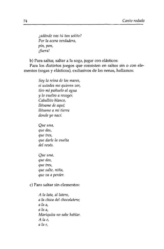 74 Canto rodado 
¿adonde vas tú tan sólito? 
Por la acera verdadera, 
pin, pon, 
¡fuera! 
b) Para saltar, saltar a la soga, jugar con elásticos: 
Para los distintos juegos que consisten en saltos sin o con ele­mentos 
(sogas y elásticos), exclusivos de las nenas, hallamos: 
Soy la reina de los mares, 
si ustedes me quieren ver, 
tiro mi pañuelo al agua 
y lo vuelvo a recoger. 
Caballito blanco, 
llévame de aquí; 
llévame a mi tierra 
donde yo nací. 
Que una, 
que dos, 
que tres, 
que darle la vuelta 
del revés. 
Que una, 
que dos, 
que tres, 
que salte, niña, 
que va a perder. 
c) Para saltar sin elementos: 
A la lata, al latero, 
a la chica del chocolatero; 
a la a, 
a la a, 
Mariquita no sabe hablar. 
A la e, 
a la e, 
 
