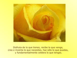 Disfruta de lo que tienes, recibe lo que venga,  crea e inventa lo que necesites, haz sólo lo que puedas,  y fundamentalmente celebra lo que tengas. 