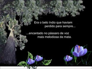 Era o belo índio que haviamEra o belo índio que haviam
perdido para sempre...perdido para sempre...
...encantado no pássaro de voz...encantado no pássaro de voz
mais melodiosa da mata.mais melodiosa da mata.
 