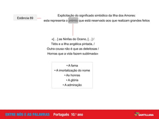 Explicitação do significado simbólico da Ilha dos Amores:
esta representa o prémio que está reservado aos que realizam grandes feitos
Estância 89
• A fama
• A imortalização do nome
• As honras
• A glória
• A admiração
«[…] as Ninfas do Oceno, […] /
Tétis e a Ilha angélica pintada, /
Outra cousa não é que as deleitosas /
Honras que a vida fazem sublimada»
 