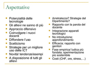 Aspettative Potenzialità delle tecnologie Gli allievi ne sanno di più Approccio difensivo Coinvolgere i nuovi docenti Diffondere l’uso Scetticismo Strategie per un migliore uso delle ICT Novità/ tendenze/esempi A disposizione di tutti gli allievi Arretratezza? Strategie del Dipartimento? Rapporto con la parola del docente Integrazione apparati tecnologici No introduzione; approfondimento Efficacia; rapporto con genitori Fase empirica/ ludica più fondata; sperimentazione più sostenibile Costi (CHF, ore, stress,…) 