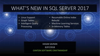 WHAT’S NEW IN SQL SERVER 2017
HASAN SAVRAN
8/07/2018
CANTON SOFTWARE CRAFTMANSHIP
• Linux Support
• Graph Tables
• Intelligent Query
Processing
• Resumable Online Index
Rebuild
• Machine Learning Services
• In-Memory Tables
 
