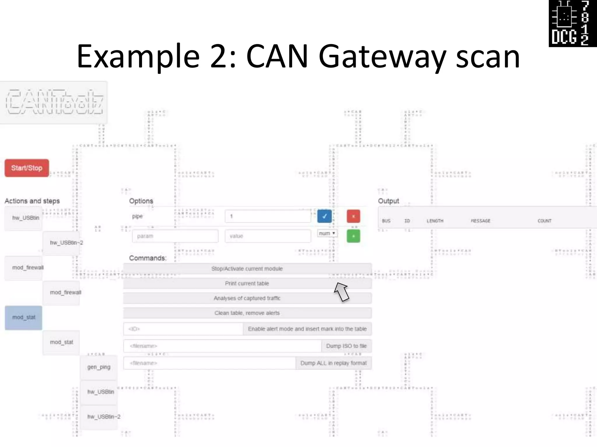 Example 2: CAN Gateway scan
Defcon Russia (DCG #7812) 22
 