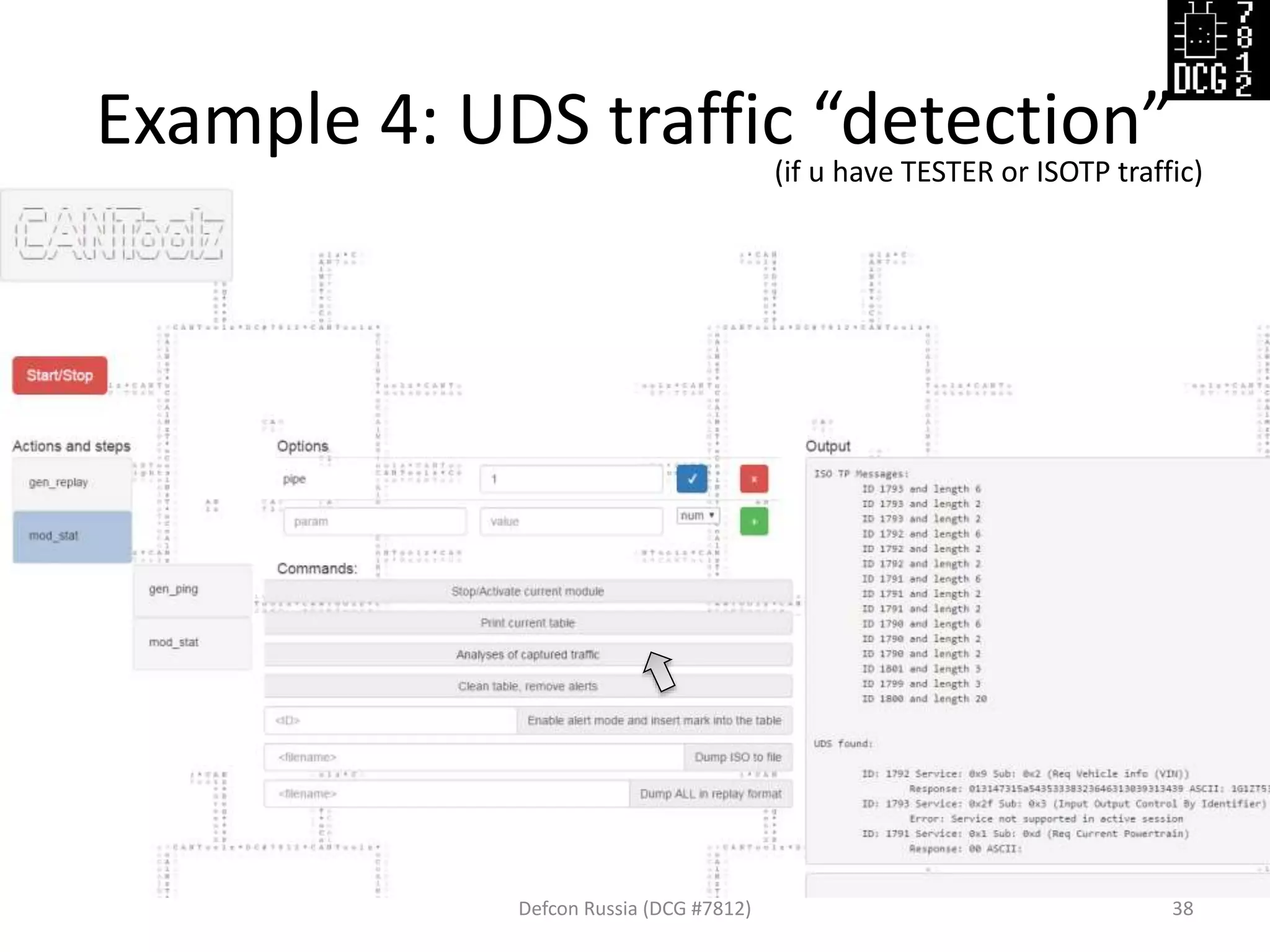Example 4: UDS traffic “detection”
Defcon Russia (DCG #7812) 38
(if u have TESTER or ISOTP traffic)
 