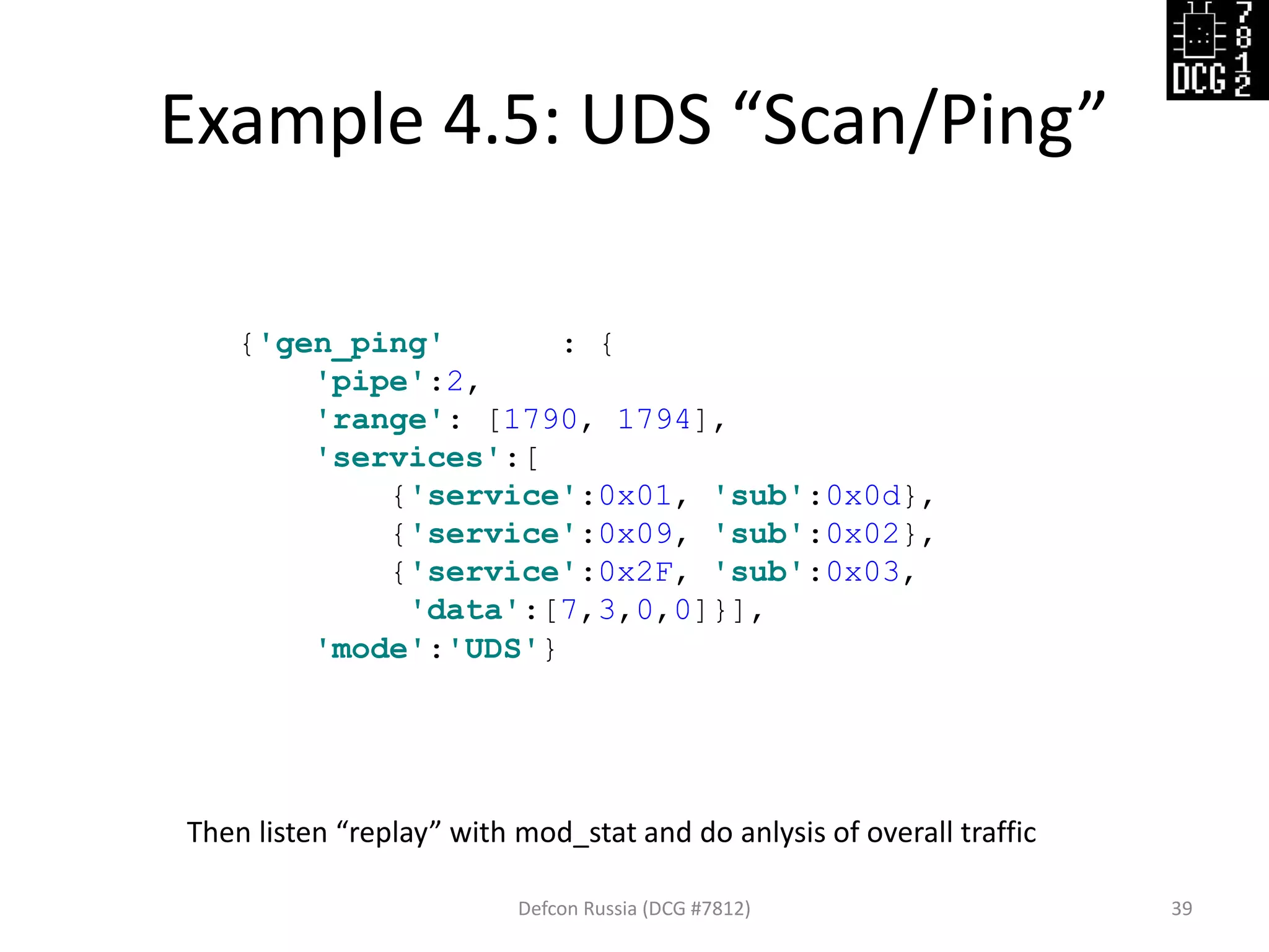 Example 4.5: UDS “Scan/Ping”
Defcon Russia (DCG #7812) 39
{'gen_ping' : {
'pipe':2,
'range': [1790, 1794],
'services':[
{'service':0x01, 'sub':0x0d},
{'service':0x09, 'sub':0x02},
{'service':0x2F, 'sub':0x03,
'data':[7,3,0,0]}],
'mode':'UDS'}
Then listen “replay” with mod_stat and do anlysis of overall traffic
 