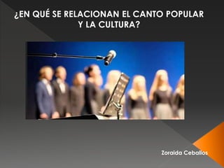 Zoraida Ceballos
¿EN QUÉ SE RELACIONAN EL CANTO POPULAR
Y LA CULTURA?
 