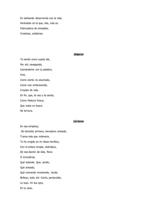 En asfixiante desarmonía con la vida,
Hiriéndola en lo que, ella, más es.
Fabricadora de empatías,
Creativas, solidarias.
Oxigeno
Te siento como sujeta ida,
Por ahí, navegando,
Llamándome con tu palabra,
Viva,
Como viento no alucinado,
Como mar embravecido,
Creador de vida.
En fin, que, te veo y te siento,
Como hilatura fresca,
Que vuela en busca
De ternura.
Carbono
En esa simpleza,
De doncella primera, nervadura ansiada,
Trama más que milenaria,
Te he erigido en mi diosa herética,
Con el enlace simple, alotrópico,
De esa dación de vida, física
O incorpórea,
Qué estando. Que, yendo,
Qué ansiado,
Qué momento envolvente, lúcido,
Brilloso, todo ahí. Cierto, perdurable,
Lo tuyo. En tus ojos,
En tu sexo.
 