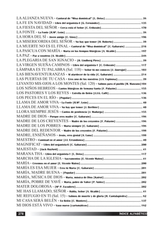 tiempo ordinario278 índice alfabético278
LAALIANZA NUEVA - Cantoral de “Misa dominical” [L. Deiss]................................................ 38
LA FE EN NAVIDAD - Libro del organista-4 [G. Fernández]..................................................... 135
LA FIESTA DEL SEÑOR - Cerca está el Señor [C. Erdozain]................................................... 170
LA FONTE - La Fonte [R.Mª. León] ................................................................................................... 38
LA HORA DEL SÍ - Joven amigo [C. Giosy] .................................................................................196
LA MISERICORDIA DEL SEÑOR - No hay que temer [H. Roberto]..................................... 39
LA MUERTE NO ES EL FINAL - Cantoral de “Misa dominical” [C. Gabaraín] .................... 216
LA PASCUA CON MARÍA - María en los tiempos litúrgicos [A. Alcalde]................................ 197
LA PAZ - Paz a vosotros [A. Alcalde].................................................................................................248
LA PLEGARIA DE SAN IGNACIO - [H. Lindberg Pires] ..................................................... 39
LA VIRGEN SUEÑA CAMINOS - Libro del organista-1 [C. Erdozain] ................................ 117
LÁMPARA ES TU PALABRA (Sal. 118) - Señor tú me conoces [J. Jáuregui].................. 103
LAS BIENAVENTURANZAS - Al atardecer de la vida [C. Gabaraín] ................................... 214
LAS PUERTAS DE TU CASA - Eres uno de los nuestros [J.A. Espinosa]................................ 39
LEVANTO MIS OJOS A LOS MONTES (Sal. 120) - Salmos para el pueblo [M. Manzano]104
LOS NIÑOS HEBREOS - Cantos litúrgicos de Semana Santa [F. Palazón]............................... 155
LOS PASTORES Y LOS REYES - Estrella de Belén [J.J.G. Caffi]......................................... 136
LOS PECES EN EL RÍO - [Popular].........................................................................................136
LLAMA DE AMOR VIVA - La Fonte [R.Mª. León] ..................................................................... 40
LLAMA DE AMOR VIVA - No hay que temer [J. Berthier] ....................................................... 40
LLORA SIEMPRE JESÚS - Cantos de penitencia [J. Madurga] ............................................... 155
MADRE DE DIOS - Porque eres madre [C. Gabaraín]................................................................ 198
MADRE DE LOS CREYENTES - Madre de los creyentes [F. Palazón] ................................ 198
MADRE DE LOS POBRES - María siempre [C. Gabaraín] ..................................................... 198
MADRE DEL REDENTOR - Madre de los creyentes [F. Palazón]........................................... 199
MADRE, ENSÉÑANOS - Jesús, eres genial [A. Luna] ............................................................. 199
MAESTRO - Caminad en el amor [J.I. Errandonea].......................................................................... 40
MAGNIFICAT - Libro del organista-6 [C. Gabaraín] ..................................................................... 200
MAJESTAD - [Jack Hayford] ............................................................................................................ 41
MARANA THA - Libro del organista-1 [L. Deiss]......................................................................... 117
MARCHA DE LA IGLESIA - Sacramentos [E. Vicente Mateu].................................................. 41
MARÍA - Creemos en el amor [E. Vicente Mateu].............................................................................. 200
MARÍA ES ESA MUJER - Eres tú María [C. Gabaraín]............................................................ 201
MARÍA, MADRE BUENA - [Popular] .................................................................................... 201
MARÍA, MÚSICA DE DIOS - María, música de Dios [Kairoi]................................................ 202
MARÍA, POBRE DE YAVÉ - María, pobre de Yahvé [P. Núñez].............................................. 202
MATER DOLOROSA - [Mª P. Escudero]....................................................................................202
ME HAS LLAMADO, SEÑOR - Habla, Señor [A. Alcalde]...................................................... 41
ME REFUGIO EN TI (Sal. 15) - Salmos de muerte y de gloria [R. Cantalapiedra]................... 82
MI CASA SERÁ BELÉN - En Belén [C. Montero]..................................................................... 137
MI DIOS ESTÁ VIVO - Vaso nuevo [carismáticos]................................................................... 182
 