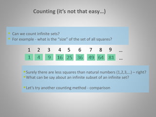 Counting (it’s not that easy…)
Surely there are less squares than natural numbers (1,2,3,…) – right?
What can be say about an infinite subset of an infinite set?
Let’s try another counting method - comparison
1 2 3 4 5 6 7 8 9 …
…
 Can we count infinite sets?
 For example - what is the “size” of the set of all squares?
 