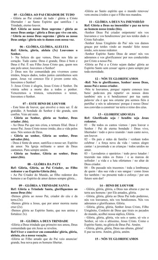 05 – GLÓRIA AO PAI CRIADOR DE TUDO
- Glória ao Pai criador de tudo / glória a Cristo
libertador / ao Santo Espírito que santifica / a
Trindade, eterno louvor.
Ref: Glória ao nosso Deus supremo / glória ao
nosso Deus amigo / glória a Deus que vive em nós.
/ Glória ao nosso Deus supremo / glória ao nosso
Deus amigo / glória nós te damos com nossa voz.
06 – GLÓRIA, GLÓRIA, ALELUIA
Ref: Glória, glória, aleluia (3x) Louvemos o
Senhor.
1- Na beleza do que vemos, Deus nos fala ao
coração. Tudo canta: Deus é grande, Deus é bom e
Deus é Pai. É seu Filho Jesus Cristo que, quem nos
une pelo amor, louvemos o Senhor!
2- Deus nos fez comunidade pra vivermos como
irmãos, braços dados, todos juntos caminhemos sem
parar, Jesus vai conosco Ele é jovem como nós,
louvemos o Senhor!
3- Jesus Cristo é alegria, Jesus Cristo é Senhor. Da
vitória sobre a morte deu a todos o penhor.
Venceremos a tristeza, venceremos o temor,
louvemos o Senhor.
07 – ESTE HINO DE LOUVOR
- Este hino de louvor, que envolve o meu ser. É de
gratidão. A bondade do Senhor é tão grande, sem
confim. Veio até mim.
- Glória ao Senhor, glória ao Senhor, Deus
criador. (bis).
- Ao Deus Pai que nos criou, a ternura filial. Deus é
nosso Pai. Jesus Cristo nosso irmão, deu a vida pelos
seus. Nós somos de Deus.
- Glória ao senhor, Glória ao senhor, Deus
salvador.(bis).
- Deus é fonte de amor, santifica o nosso ser. Espírito
de amor. Na Igreja militante o amor de Deus
cantamos. Para sempre amém.
- Glória ao Senhor, Glória ao senhor, Deus
amor.(bis).
08 – GLÓRIA DA PATY
Ref: Glória, Glória, ao Pai Criador, ao Filho
redentor e ao Espírito Glória (bis).
- Ao Pai Criador do Mundo, ao filho redentor dos
homens e ao Espírito de amor demos sempre glória...
09 – GLÓRIA A TRINDADE SANTA
Ref: Glória a Trindade Santa, glorifiquemos ao
nosso Deus (bis)
-Demos glória ao nosso Pai, criador do céu e da
terra.(2x).
-Demos glória a Jesus, que por amor morreu numa
cruz (2x).
-Demos glória ao Espírito Santo, que nos anima e
fortalece 2x).
10 – GLÓRIA A DEUS TRINDADE
-Glória a Deus trindade que primeiro nos amou, Deus
comunidade que em Jesus se revelou.
Ref:Viver e conviver em comunhão/ glória, glória,
aleluia, eis a nossa vocação.
-Glória ao Filho amado que do Pai veio anunciar/
grande, boa nova para os homens libertar.
-Glória ao Santo espírito que o mundo renovou/
vem ensina à todos o que o Filho nos mandou.
11 – GLÓRIA A DEUS NA IMENSIDÃO
Ref: Glória a Deus na imensidão/ e paz na terra
ao homem nosso irmão (bis).
-Senhor Deus Pai criador onipotente/ nós vos
louvamos e vos bendizemos/ por nos terdes dado o
Cristo Salvador.
-Senhor Jesus Unigênito do Pai/ nós vos damos
graças por terdes vindo ao mundo/ feito nosso
irmão, sois nosso redentor.
-Senhor Espírito Santo Deus de amor/ nós vos
adoramos e vos glorificamos/ por nos conduzirdes
por Cristo a nosso Pai.
-Glória ao Pai e a Cristo sejam dadas/ glória ao
Espírito Santo sem cessar/ agora e para sempre por
toda eternidade.
12 – NÓS TE GLORIFICAMOS
-Ref: Nós te glorificamos, Senhor/ nosso Deus,
nosso Pai e nosso criador.
-Nós te louvamos, porque/ reparte conosco teus
bens/ pede-nos pra repartir/ os nossos dons
também/ nós a ti bendizemos/ por tua santa
palavra/ ela é que nos orienta/ pra sermos fiéis à
partilha/ e nós te adoramos/ porque é nosso Deus/
nos convidas a construir/ na terra o reino dos céus.
13 – GLORIFICADO SEJA
Ref: Glorificado seja / bendito seja Jesus
redentor.
01 – De todos os cantos viemos / para louvar o
Senhor / Pai de eterna bondade / Deus vivo,
libertador / todo o povo reunido / num canto novo,
um louvor.
02 – Os pais e mães de família / venham todos
celebrar / a força nova da vida / vamos alegre
cantar / a juventude e as crianças / todos unidos no
amor.
03 – Lavradores e operários / todo povo lutador /
trazendo nas mãos os frutos / e as marcas de
sofredor / a vida e a luta ofertamos / no altar de
Deus criador.
04 – Do passado nós trazemos / toda a lembrança
de quem / deu sua vida e seu sangue / como Jesus
fez também / no presente todo o esforço / por um
futuro sem dor!
14 – HINO DE LOUVOR
- Glória, glória, glória, a Deus nas alturas e paz na
terra aos homens / por Ele amados, glória.
- Glória, glória, glória ao Deus Pai todo poderoso,
nós vos louvamos, nós vos bendizemos. Nós vos
adoramos e glorificamos. Glória.
- Glória, glória, glória, Senhor Jesus Cristo, Filho
Unigênito, Cordeiro de Deus que tirais os pecados
do mundo, acolhei nossa súplica, Glória.
- Glória, glória, glória, vós sois o santo, só vós o
Senhor, só vós o altíssimo, Jesus Cristo. Como o
Espírito Santo, na glória de Deus Pai. Amém.
- Glória, glória, glória, Deus nas alturas, glória!
E paz na terra. Amém, glória, amém.
15 – NÓS TE GLORIFICAMOS
 