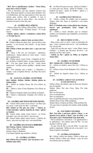 - Ref: Nós te glorificamos, Senhor / Nosso Deus,
nosso Pai e nosso Criador.
- Nós te louvamos, por que repartes conosco teus
bens. Pede para repartir os nossos dons também. Nos
a ti bendizemos, por tua santa palavra. Ela é que nos
orienta para sermos fiéis à partilha. E nós te
adoramos, por que és nosso Deus / nos convida a
construir na terra o reino dos céus.
16 – GLÓRIA DO LAÉRCIO
- Glória a Deus Pai, Glória a Deus Filho / Espírito de
amor / Trindade Santa / Ó Deus Eterno / A ti todo
louvor.
- Glória / glória / glória / verdadeiro e único Deus
/ a Ti todo louvor.
17 – GLÓRIA A DEUS NOS ALTOS CÉUS
01 – Glória a Deus nos altos céus / paz na terra a seus
amados / a vós louvam, Rei celeste / os que foram
libertados.
Ref: Glória a Deus nos altos céus / e paz aos seus
amém.
02 – Deus e Pai nos vos louvamos / adoramos,
bendizemos / damos glória ao vosso nome / vossos
dons agradecemos.
03 – Senhor nosso, Jesus Cristo / Unigênito do Pai /
vós, de Deus, Cordeiro Santo / nossas culpas perdoai.
04 – Vós que estais junto do Pai / como nosso
intercessor / acolhei nossos pedidos / atendei nosso
clamor.
05 – Vós somente sois o Santo / o Altíssimo, o
Senhor / com o Espírito Divino / de Deus Pai nosso
esplendor.
18 – ALELUIA, GLÓRIA AO SENHOR
Ref: Aleluia, Aleluia, Aleluia, Aleluia, glória ao
Senhor (bis).
01 – Glória ao Senhor Nosso Pai (3x) Glória ao
Senhor!
02 - Glória a Jesus Cristo Redentor (3x) Glória ao
Senhor!
03 – Glória ao Espírito Santo (3x) Glória ao Senhor.
04 – Glória a Santíssima Trindade (3x) Glória ao
Senhor.
19 – GLÓRIA DO NOVO PENTECOSTES
01 – Vamos todos cantar nosso louvor / ao Deus que
nos criou / e por amor nos deu / a salvação.
Ref: Glória ao Pai que nos criou / Glória ao
Cristo Salvador / glória, Espírito de Amor / glória
ao Senhor.
02– Vamos todos cantar nosso louvor / ao Cristo
Salvador / que veio nos salvar / em sua cruz.
03– Vamos todos cantar nosso louvor / Espírito de
Amor / que com seu fogo vem / nos transformar.
20 – GLÓRIA DA ELIANA RIBEIRO
Ref: Glória, Glória / Glória, Glória.
Glória a Deus Pai, criador.
Glória a Jesus, o Redentor.
E ao Santo Espírito que santifica / Glória!
21 – GLÓRIA, GLÓRIA
Ref: Glória (4x) ao Senhor / por sua graça e seu
infinito amor (bis).
01 – Ao Deus Pai que nos criou / glória ao Senhor /
e a Jesus que nos salvou / glória ao Senhor / e ao
Espírito de amor / glória ao Senhor / glória e o
louvor a Ti, Senhor.
22 – GLÓRIA DAS CRIANÇAS
01 – Glória a Deus Pai criador, que os pequeno
elegeu, entre eles Jesus se encarnou e sua causa
defendeu.
Ref: À Trindade uma e trina glória das crianças,
louvor que predomina neste tempo de
mudanças.
02 – Glória a Jesus salvador, que as crianças
acolheu, aos discípulos que impediam, severamente
repreendeu.
23 – DEUS CRIOU O CÉU...
- Deus criou o céu e a terra / criou os peixinhos do
mar / criou o homem para servir / sua semelhança
Ele veio nos dá.
- Tudo Ele nos deu por amor / como filhos vamos
retribuir / o dízimo que devemos devolver / ele
pertence ao Pai e não a mim.
- Glória ao Pai / glória ao Filho, ao Espírito
Santo (bis).
24 – GLÓRIA AO SENHOR
Ref.: Aleluia (4x) / Glória ao Senhor.
01 – Glória ao Senhor, nosso Pai (3x) / Glória ao
Senhor.
02 – Glória a Jesus Cristo Redentor (3x) / Glória ao
Senhor.
03 – Glória ao Espírito Santo (3x) / Glória ao
Senhor.
25 – GLÓRIA A DEUS NAS ALTURAS
(CANÇÃO NOVA)
Glória a Deus nas alturas e paz na terra aos homens
por ele amados.
Senhor Deus, Rei dos Céus, Deus Pai todo
poderoso.
Nós vos louvamos,
Nós vos bendizemos,
Nós vos adoramos,
Nós vos glorificamos por vossa imensa Glória!
Senhor Jesus Cristo, Filho unigênito,
Senhor Deus, Cordeiro de Deus, Filho de Deus Pai
Vós que tirais os pecados do mundo, tende piedade
de nós.
26 – EM TODO UNIVERSO
Ref.: Em todo o universo, glória a Deus / e no
planeta terra glória a Deus / paz na ONU e no
meu país e que a humanidade seja mais feliz.
- Nós te adoramos e louvamos / e te agradecemos e
te suplicamos / teu imenso amor de Pai / vai nos
ensinar a cultivar a paz.
- Tu que vens do Pai e vens do Filho / tu que tens
poder e majestade / brilha em nós o teu amor / és o
Santo Espírito Consolador.
27 – GLÓRIA LITURGICO
01 - Glória a Deus nas alturas,/ Glória a Deus nas
alturas/ Glória a Deus nas alturas,/ e paz na terra
aos homens por ele amados.
 