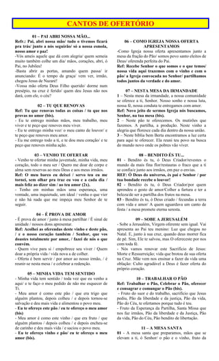 CANTOS DE OFERTÓRIO
01 – PAI ABRI NOSSA MÃO...
Refr.: Pai, abri nossa mão/ tudo o tivemos ficará
pra trás/ junto a nós seguirão/ só a nossa esmola,
nosso amor e paz!
-Vós ameis aquele que dá com alegria/ quem semeia
muito também colhe um dia/ mãos, corações, abri, ó
Pai, no Jubileu!
-Basta abrir as portas, amando quem passa/ ir
anunciando: É o tempo da graça/ vem ver, irmão,
chegou Jesus de Nazaré!
-Vossa mão oferta Deus Filho querido/ dorme num
presépio, na cruz é ferido/ quem deu Jesus não nos
dará, com ele, o céu?
02 – TU QUE RENOVAS
Ref: Tu que renovas todas as coisas / tu que nos
provas no amor (bis).
- Eu te entrego minhas mãos, meu trabalho, meu
viver e te peço que renoves meu viver.
- Eu te entrego minha voz/ o meu canto de louvor/ e
te peço que renoves meu amor.
- Eu me entrego todo a ti, e te dou meu coração/ e te
peço que renoves minha ação.
03 – VENHO TE OFERTAR
- Venho te ofertar minha juventude, minha vida, meu
coração, todo o meu ser / Quero me doar de corpo e
alma sem reservas ao meu Deus e aos meus irmãos.
Ref: O meu barco eu deixei / servo teu eu me
tornei, sem olhar pra traz eu vou e a cada dia /
mais feliz ao dizer sim / ao teu amor (2x).
- Tenho em minhas mãos uma esperança, uma
vontade, uma inquietude, um ideal / venha o que vier
e não há nada que me impeça meu Senhor de te
seguir.
04 – É PROVA DE AMOR
- É prova de amor / junto à mesa partilhar / É sinal de
unidade / nossos dons apresentar.
Ref: Acolhei as oferendas deste vinho e deste pão,
/ e o nosso coração também / Senhor, que vos
doastes totalmente por amor, / fazei de nós o que
convém.
- Quem vive para si / empobrece seu viver / Quem
doar a própria vida / vida nova a de colher.
- Oferta é bem servir / por amor ao nosso irmão, / é
reunir-se nesta mesa / e celebrar a redenção.
05 – MINHA VIDA TEM SENTIDO
- Minha vida tem sentido / toda vez que eu venho a
aqui/ e te faço o meu pedido de não me esquecer de
Ti.
- Meu amor é como este pão / que era trigo que
alguém plantou, depois colheu / e depois tornou-se
salvação e deu mais vida e alimentou o povo meu.
- Eu te ofereço este pão / eu te ofereço o meu amor
(bis)
- Meu amor é como este vinho / que era fruto / que
alguém plantou / depois colheu / e depois encheu-se
de carinho e deu mais vida / e saciou o povo meu.
- Eu te ofereço vinho e pão/ eu te ofereço o meu
amor (bis).
06 – COMO IGREJA NOSSA OFERTA
APRESENTAMOS
-Como Igreja nossa oferta apresentamos junto a
mesa da fração do Pão/ somos povo santo eleitos de
Deus/ oferenda perfeita do Pai.
Ref: Recebe Senhor o que somos e o que temos/
nossa vida aqui trazemos com o vinho e com o
pão/ a Igreja convocada no Senhor/ partilhamos
todos juntos da verdade e do amor.
07 – NESTA MESA DA IRMANDADE
1 – Nesta mesa da irmandade, a nossa comunidade
se oferece a ti, Senhor. Nosso sonho e nossa luta,
nossa fé, nossa conduta te entregamos com amor.
Ref: Novo jeito de sermos Igreja nós buscamos,
Senhor, na tua mesa (bis).
2 – Neste pão te oferecemos. Os mutirões que
fazemos. A partilha, a produção. Neste vinho a
alegria que floresce cada dia dentro da nossa união.
3 – Neste bíblia bem Berta encontramos a luz certa
para aqui te oferecer. Ela reuni teu povo na busca
do mundo novo onde os pobres vão viver.
08 – BENDITO ÉS TU...
01 - Bendito és tu, ó Deus Criador/revestes o
mundo da mais fina flor/restauras o fraco que a ti
se confia/e junto aos irmãos, em paz o envias.
REF: Ó Deus do universo, és pai e Senhor / por
tua bondade recebe o louvor!
02 - Bendito és tu, ó Deus Criador/por quem
aprendeu o gesto de amor/Colher a fartura e ter a
beleza/de ser a partilha dos frutos na mesa.
03 - Bendito és tu, ó Deus criado / fecundas a terra
com vida e amor/ A quem aguardava um canto de
festa / a mesa promete eterna seresta.
09 – SOBE A JERUSALÉM
- Sobe a Jerusalém, Virgem oferente sem igual. Vai
apresenta ao Pai teu menino: Luz que chegou no
Natal. E, junto à sua cruz, quando deus morrer fica
de pé. Sim, Ele te salvou, mas O ofereceste por nos
com toda fé.
- Nós vamos renovar este Sacrifício de Jesus:
Morte e Ressurreição; vida que brotou de sua oferta
na Cruz. Mãe vem nos ensinar a fazer da vida uma
oblação: Culto agradável a Deus é fazer oferta do
próprio coração.
10 – TRABALHAR O PÃO
Ref: Trabalhar o Pão, Celebrar o Pão, oferecer
e consagrar e comungar o Pão (bis).
- Fruto do suor e do trabalho, sacrifício que Jesus
pediu, Pão da liberdade e da justiça, Pão da vida,
Pão do Céu, te ofertamos porque tudo é teu.
- Fruto da Esperança da Partilha, Santa Missa que
nos faz irmãos, Pão da liberdade e da Justiça, Pão
da vida, Pão do Céu, Pão bendito de libertação.
11 – A MESA SANTA
01 - A mesa santa que preparamos, mãos que se
elevam a ti, ó Senhor/ o pão e o vinho, fruto da
 