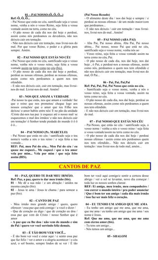 01 – PAI NOSSO (Ô, Ô, Ô...)
Ref: Ô, Ô, Ô...
- Pai Nosso que estás no céu, santificado seja o vosso
nome, venha a nós o vosso Reino, seja feita a vossa
vontade assim na terra, como no céu.
- O pão nosso de cada dia nos daí hoje e perdoai,
assim como nós perdoamos os devedores, não nos
deixeis cair em tentação.
- Não nos deixeis cair em tentação, mas livrai-nos do
mal. Por que vosso Reino, o poder e a glória para
sempre. Amém.
02 – PAI NOSSO QUE ESTÁS NO CÉU
- Pai Nosso que estás no céu, santificado seja o vosso
nome, venha nós o vosso reino, seja feita a vossa
vontade assim na terra como no céu (bis).
- O pão nosso de cada dia nos daí hoje e perdoai,
perdoai as nossas ofensas, perdoai as nossas ofensas,
assim como nós perdoamos a quem nos tem
ofendido.
- E não nos deixeis cair, cair em tentação, mas livrai-
nos do mal. Livrai-nos do mal. Amém!
03 - NOS QUE AMAM A VERDADE
-Pai nosso tu que estás, nos que amam a verdade/ faz
que o reino que nos prometeu/ chegue logo aos
nossos corações/ que o amor que teu Filho nos
deixou/ o amor habite entre nós/ E no pão da unidade
/Cristo dai-nos tua paz /e esquece até o nosso mal/ se
esquecemos o mal dos irmãos/ e não nos deixeis cair
em tentação/ ó Senhor tende piedade do mundo ô ô ô
ô ô...
04 – PAI NOSSO (Pe. MARCELO)
- Pai Nosso que estás no céu / santificado seja o teu
nome/e venha a nós o teu reino / e seja feita a tua
vontade...
REF: Pai, meu Pai do céu... Meu Pai do céu / eu
quase me esqueci... Me esqueci / que o teu amor
vela por mim... Vela por mim / que seja feito
assim (BIS).
(Pai Nosso Rezado)
- O alimento deste dia / nos dai hoje e sempre / e
perdoai as nossas ofensas / de um modo maior/com
que perdoamos...
- E não nos deixeis / cair em tentação / mas livrai-
nos, livrai-nos do mal...Amém!
05 – PAI NOSSO (ABA PAI)
- Aba Pai, Pai nosso abinu, Aba Pai, Pai nosso
abinu... Pai nosso, nosso Pai que está no céu,
santificado seja o vosso nome, venha nós ao
- Vosso reino, seja feita a vossa vontade assim na
terra como no céu, Pai.
- O pão nosso de cada dia, nos daí hoje, nos daí
hoje , ó Pai, e perdoai-nos a nossas ofensas, assim
como nós, perdoamos a quem nos tem ofendido e
não nos deixeis cair em tentação, mas livrai-nos do
mal, Ó Pai...
06 - Pai, Pai, Pai,Pai
Ref: Pai, Pai, Pai, Pai Nosso que estás no céu.
- Santificado seja o vosso nome, venha a nós o
vosso reino, seja feita a vossa vontade, assim na
terra como no céu.
- O pão nosso de cada dia, nos daí hoje, perdoai as
nossas ofensas, assim como nós perdoamos a quem
nos tem ofendido.
- E não nos deixeis cair em tentação, mas livrai-nos
do mal.
07 – PAI NOSSO QUE ESTÁS NO CÉU
- Pai-Nosso, que estás no céu / santificado seja, o
vosso nome / venha a nós o vosso reino / seja feita
a vossa vontade/assim na terra como no céu.
- O pão nosso de cada dia nos dai hoje / perdoai
nossas ofensas / assim como nós perdoamos quem
nos tem ofendido... Não nos deixeis cair em
tentação / mas livrai-nos de todo mal, amém...
CANTOS DE PAZ
01 – PAZ, QUERO TE DAR MEU IRMÃO.
Ref: Paz, a paz, quero te dar meu irmão (bis).
01 – Me dê a sua mão / e um abração / unidos na
mesma canção (bis).
02 – Jesus te ama / Jesus te chama / para semear a
paz (bis).
02 – CANTO DE PAZ
- Meu irmão meu grande amigo / quero, quero
oferecer / essa paz que está comigo / a você e dizer /
- Que de coração eu digo / que de coração eu dou /
essa paz que vem do Cristo / nosso Senhor que é
amor
- A paz que eu lhe dou / não vem do mundo e sim
do Pai / quero ver você sorrindo feliz demais.
03 – É TÃO BOM VER VOCÊ...
- É tão bom ver você e estar aqui / e sentir essa paz
que faz feliz / ver o amor e a alegria acontecer / o céu
azul, o sol bonito, sempre lindos de se ver / É tão
bom ter você aqui comigo/e sentir a certeza desse
abrigo / ver o sol se levantar, novo dia começar /
toda luz os nossos sonhos clarear.
REF: Ei amigo, meu irmão, meu companheiro /
vou correr o mundo inteiro / pra poder anunciar
/ Que é bom ter um amigo / cada dia mais irmão
/ isso faz ser mais feliz o coração.
04 – EU TENHO UM AMIGO QUE ME AMA
- Eu tenho um amigo que me ama, que me ama,
que me ama / eu tenho um amigo que me ama / seu
nome é Jesus.
Ref: Que me ama, que me ama, que me ama
com eterno amor.(bis).
- Tu tens um amigo...
- Nós temos um amigo...
05 - SHALOM
 